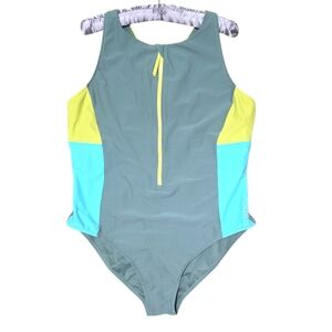 Speedo Women's Zip Color Block One Piece Swimsuit Green Yellow Plus Size XXL